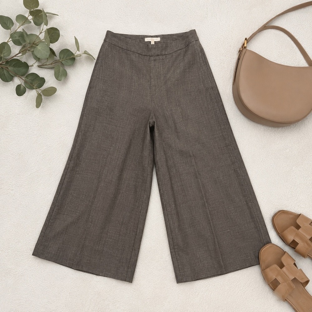 Ann Mashburn Womens Brown Linen Blend Wide Leg Cropped Trousers Size 4 Side Zip
